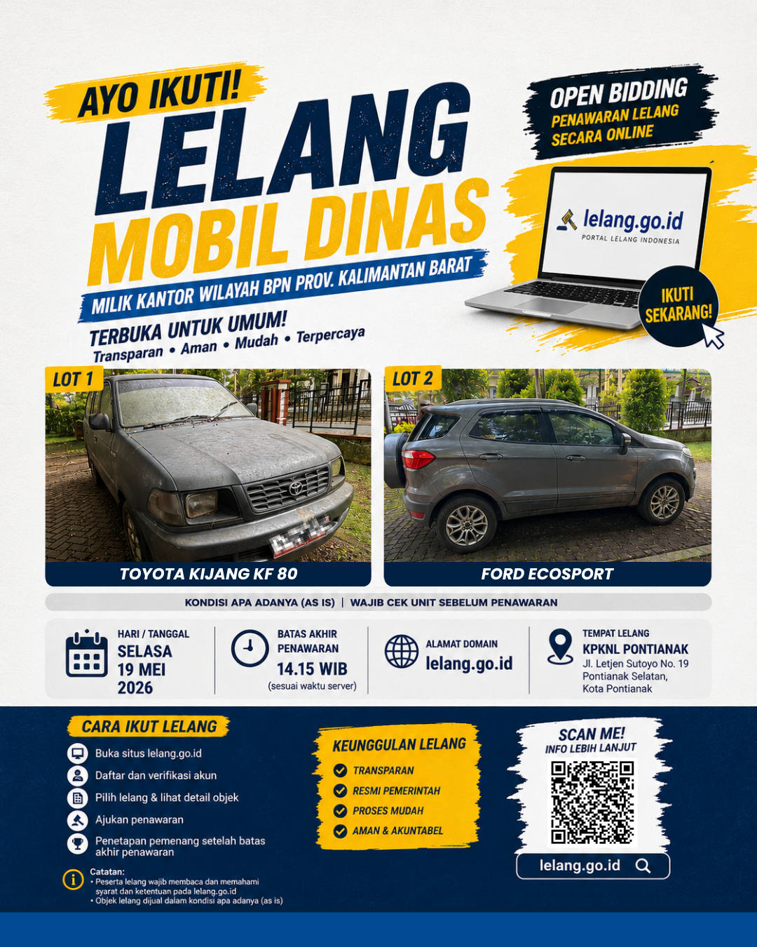 Kanwil BPN Kalbar Buka Lelang Online Dua Kendaraan Dinas Melalui Lelang.go.id